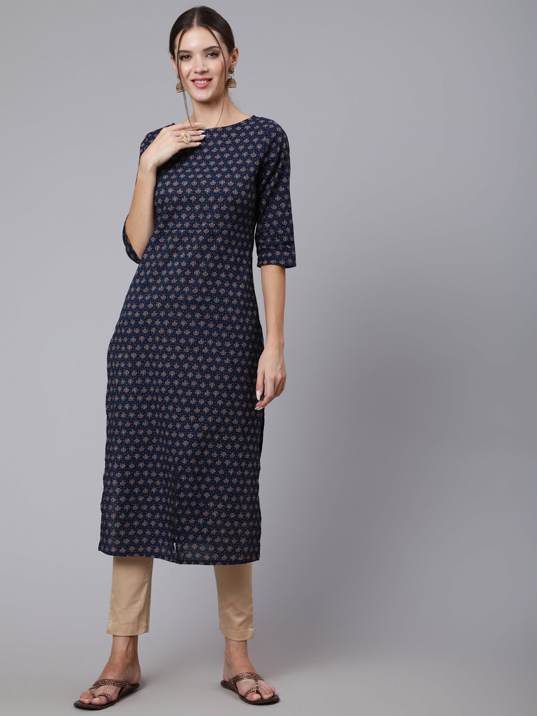 Women Blue Printed Straight Kurta With Three Quarter Sleeves | LASVINI - Redefining Indian Fashion with Elegance