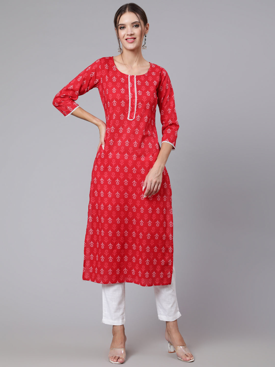 Women Red Printed Straight Kurta With Three Quarter Sleeves | LASVINI - Redefining Indian Fashion with Elegance