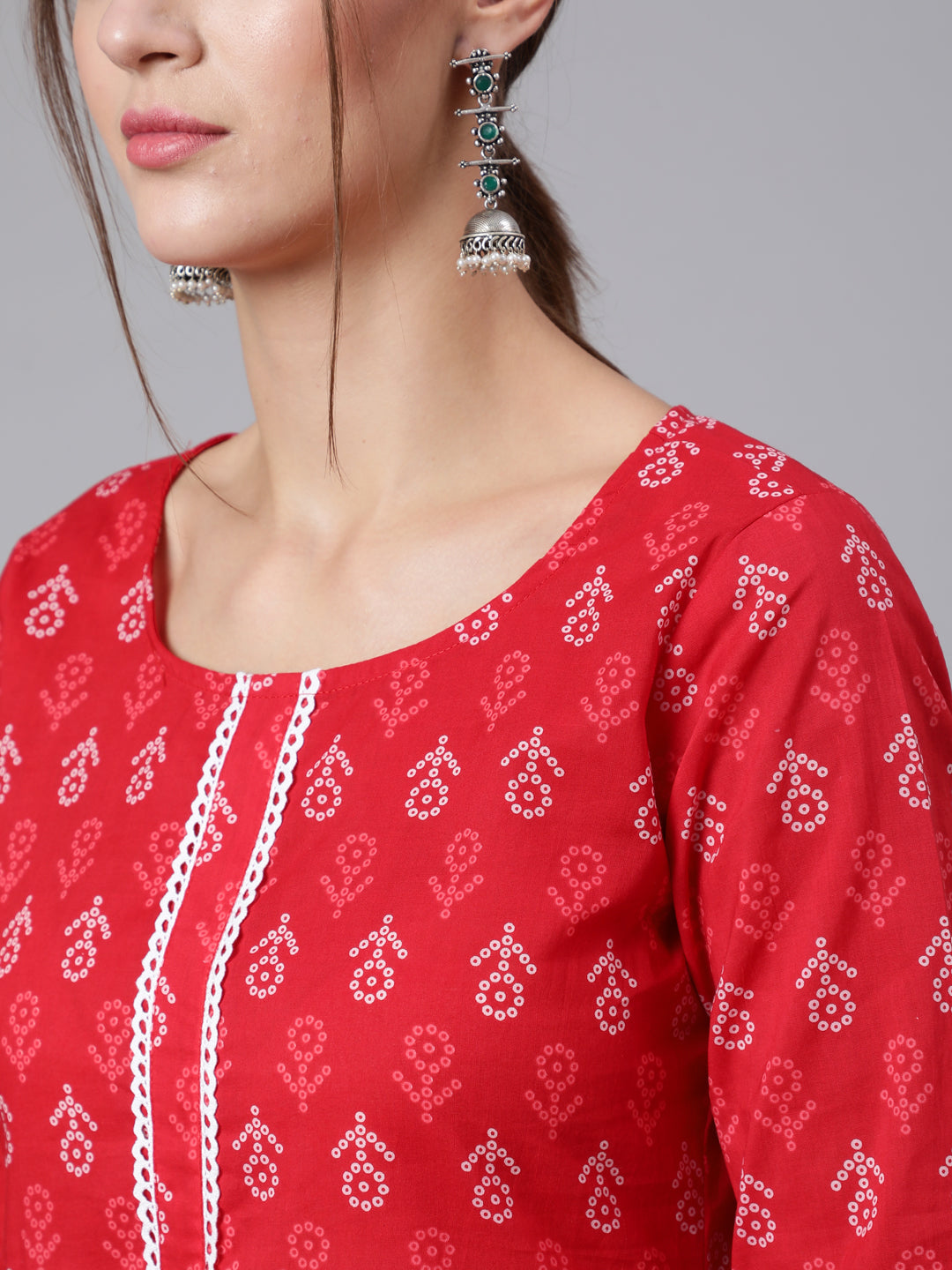 Women Red Printed Straight Kurta With Three Quarter Sleeves | LASVINI - Redefining Indian Fashion with Elegance