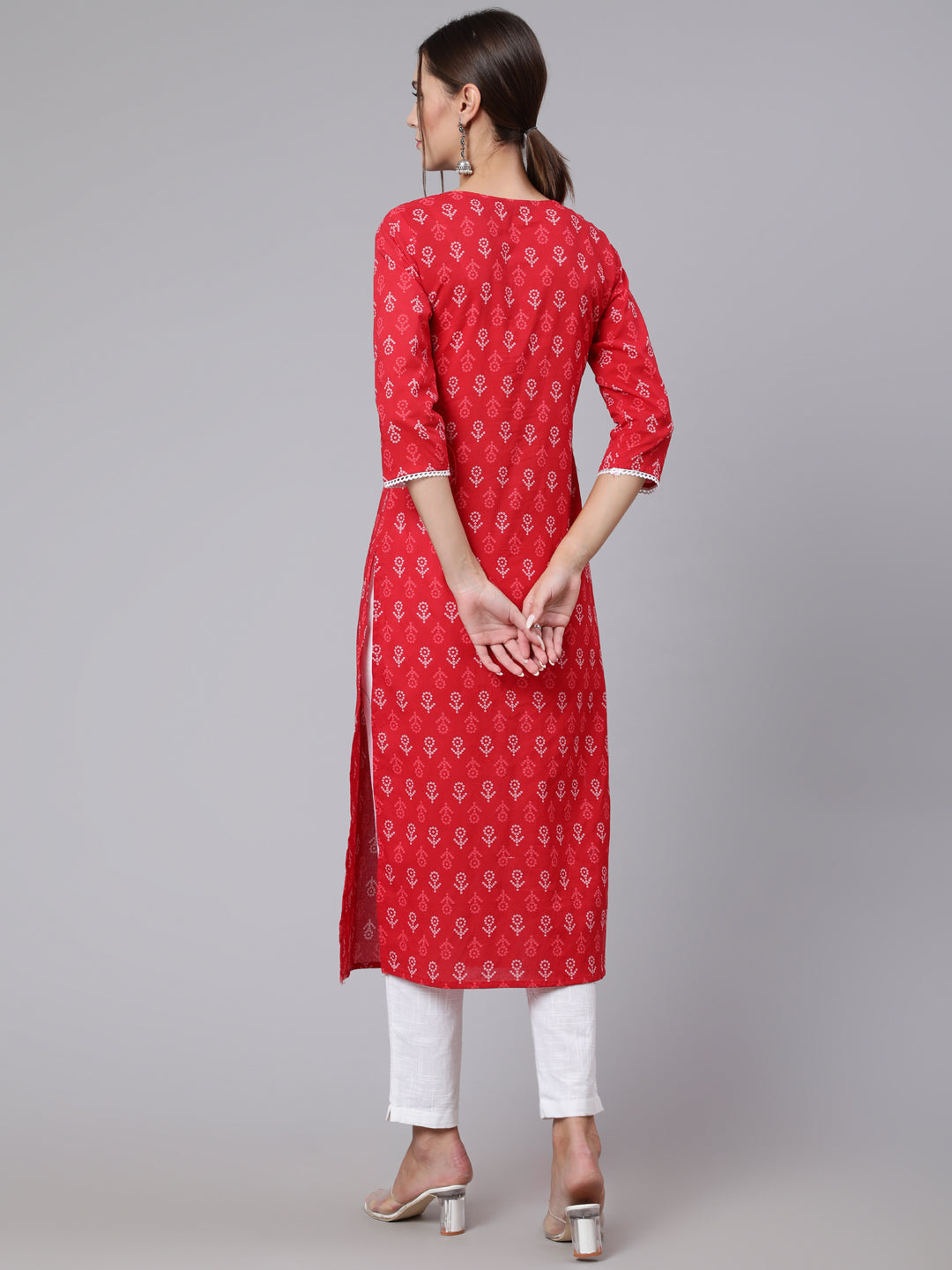 Women Red Printed Straight Kurta With Three Quarter Sleeves | LASVINI - Redefining Indian Fashion with Elegance