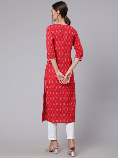 Women Red Printed Straight Kurta With Three Quarter Sleeves | LASVINI - Redefining Indian Fashion with Elegance