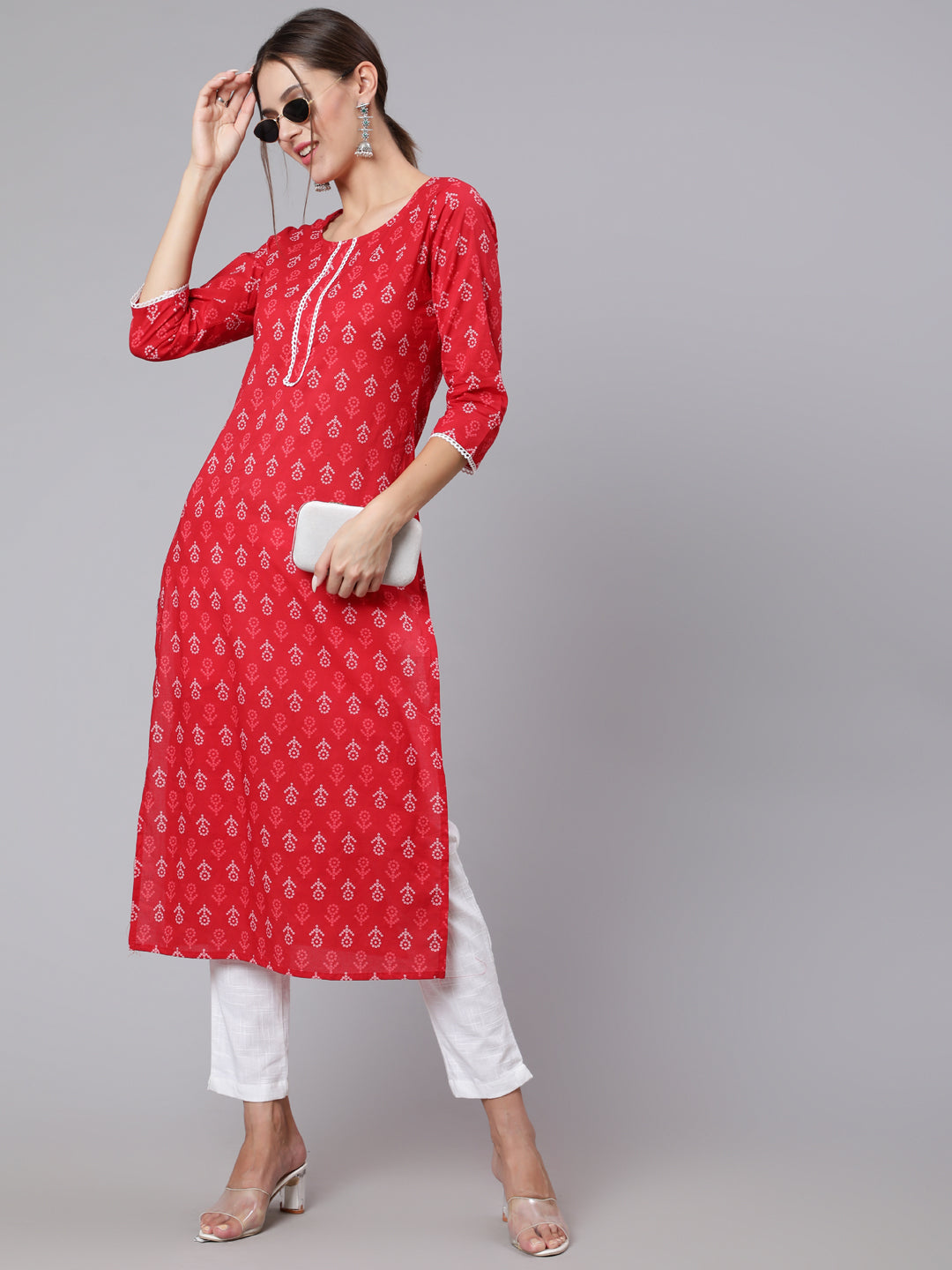 Women Red Printed Straight Kurta With Three Quarter Sleeves | LASVINI - Redefining Indian Fashion with Elegance