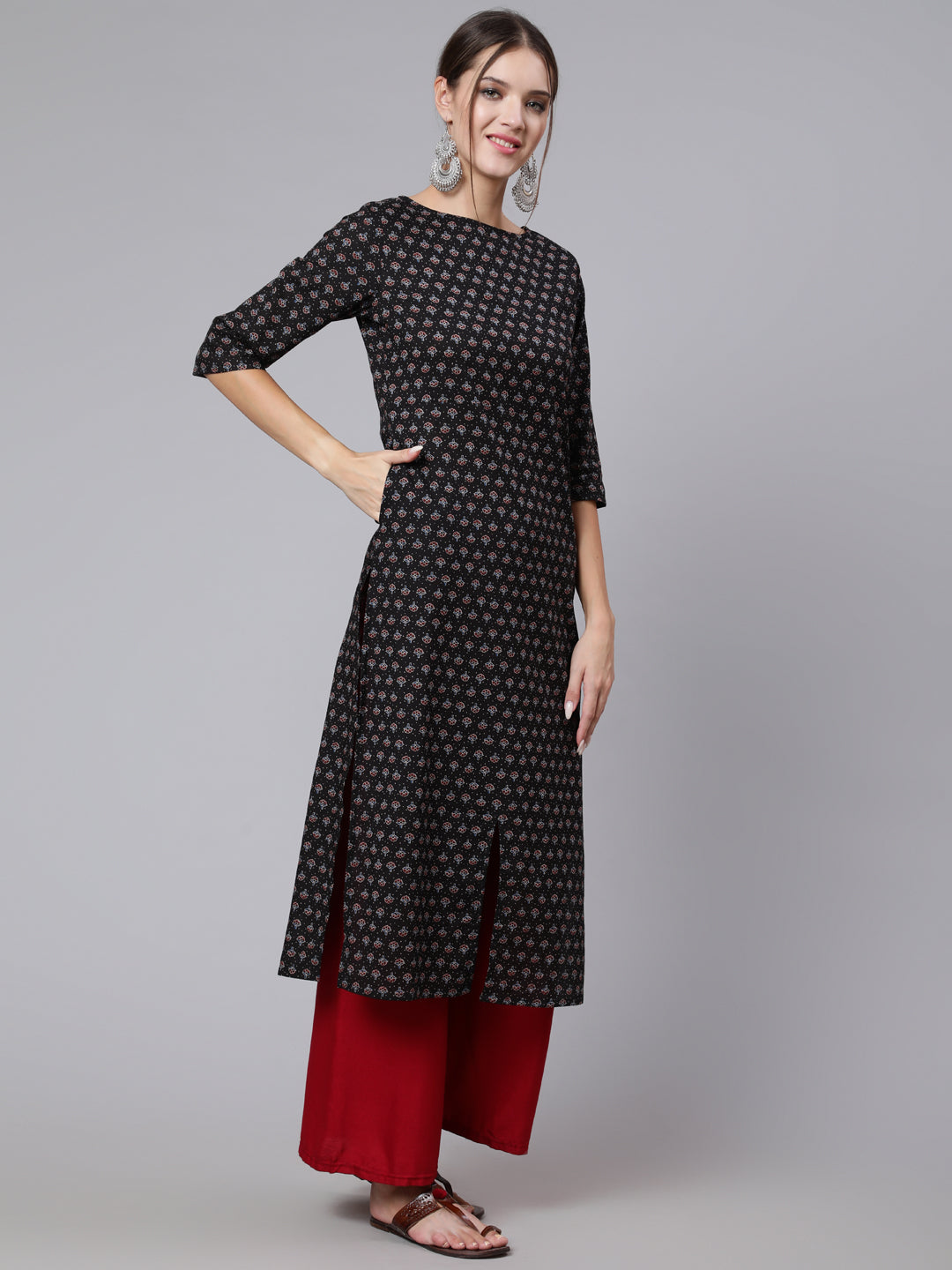 Women Black Printed Straight Kurta With Three Quarter Sleeves | LASVINI - Redefining Indian Fashion with Elegance