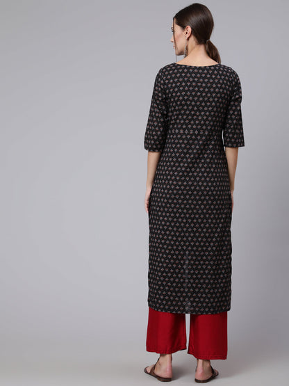 Women Black Printed Straight Kurta With Three Quarter Sleeves | LASVINI - Redefining Indian Fashion with Elegance