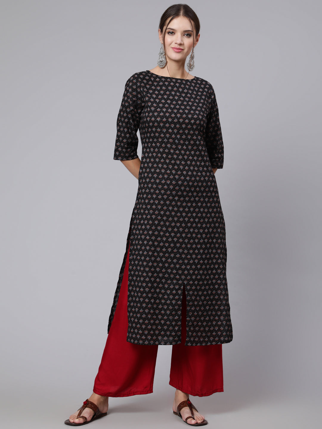 Women Black Printed Straight Kurta With Three Quarter Sleeves | LASVINI - Redefining Indian Fashion with Elegance