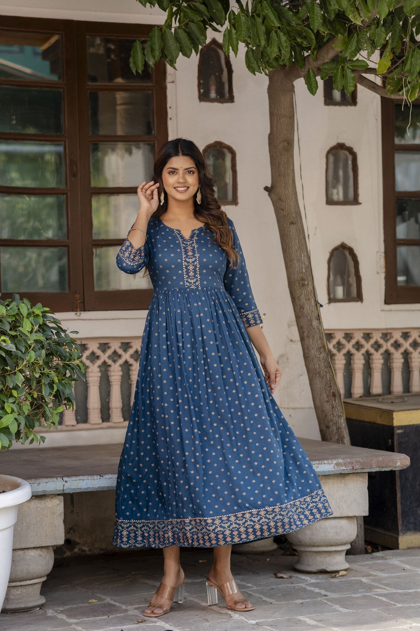 Women Teal Blue Ethnic Printed Flared Dress With Three Quarter Sleeves | LASVINI - Redefining Indian Fashion with Elegance