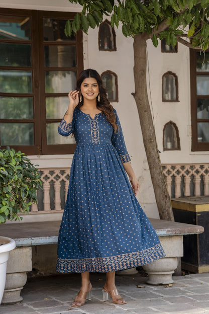 Women Teal Blue Ethnic Printed Flared Dress With Three Quarter Sleeves | LASVINI - Redefining Indian Fashion with Elegance