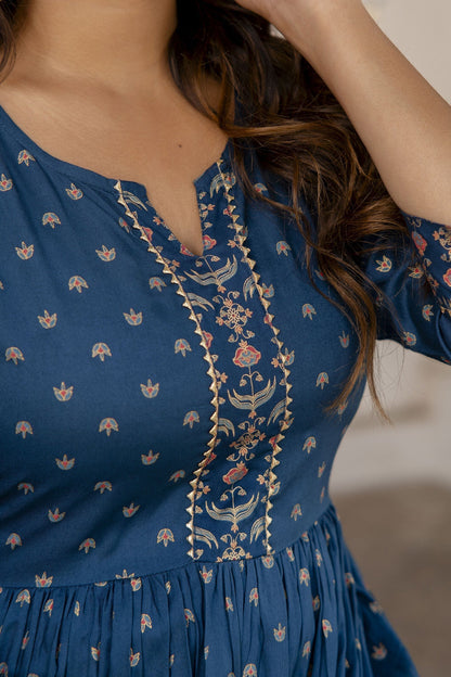 Women Teal Blue Ethnic Printed Flared Dress With Three Quarter Sleeves | LASVINI - Redefining Indian Fashion with Elegance