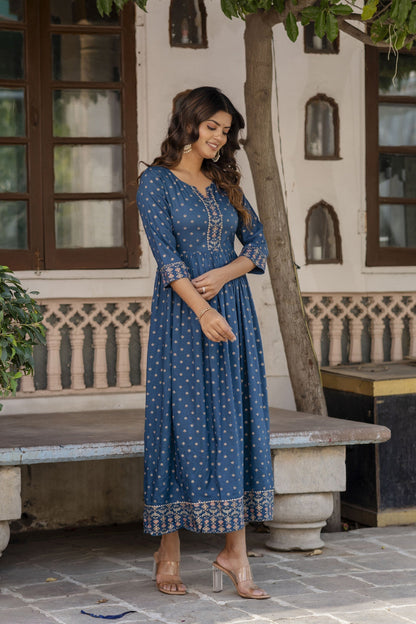 Women Teal Blue Ethnic Printed Flared Dress With Three Quarter Sleeves | LASVINI - Redefining Indian Fashion with Elegance