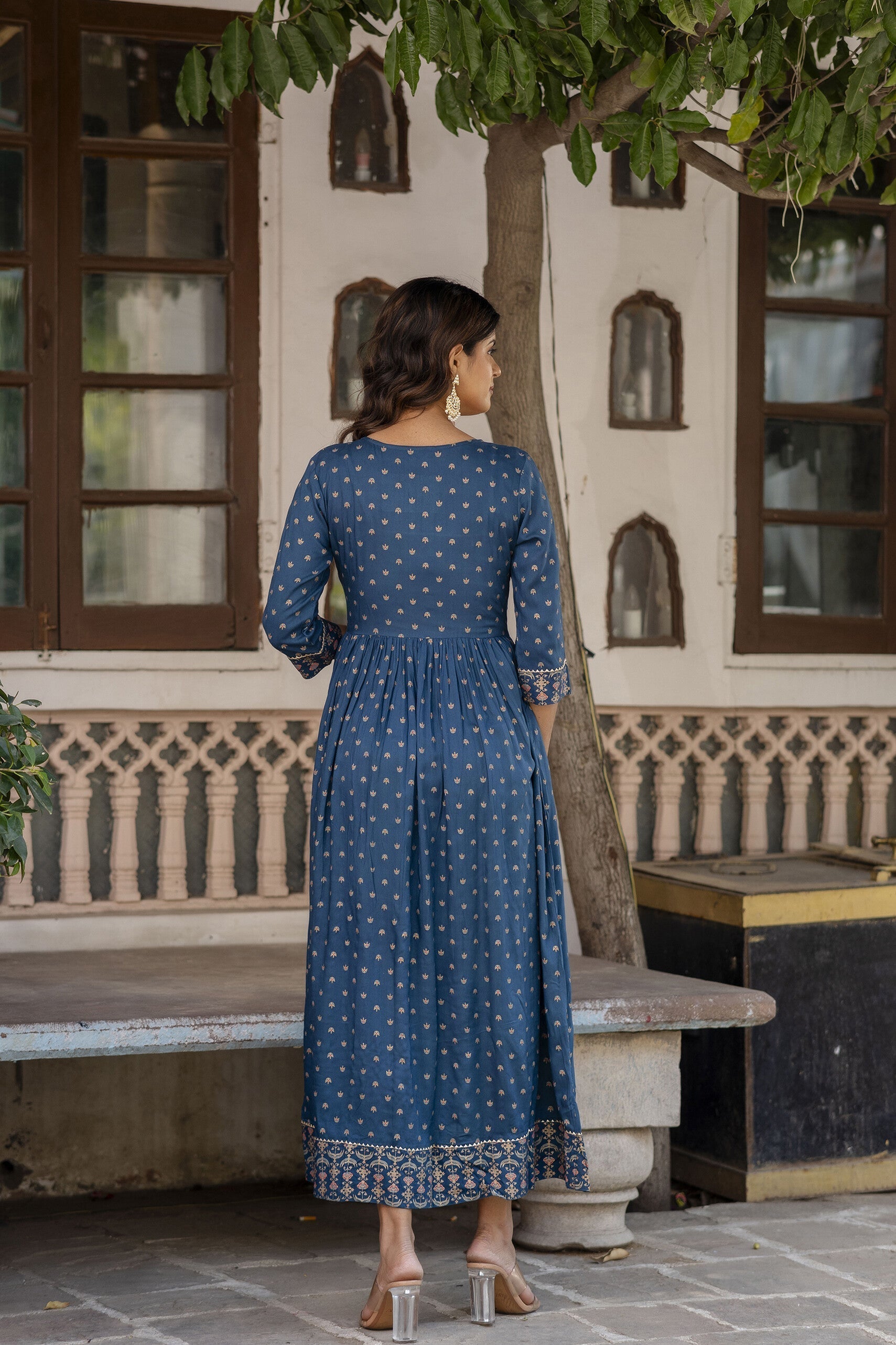 Women Teal Blue Ethnic Printed Flared Dress With Three Quarter Sleeves | LASVINI - Redefining Indian Fashion with Elegance