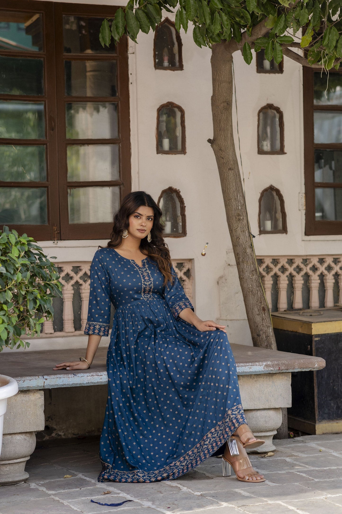 Women Teal Blue Ethnic Printed Flared Dress With Three Quarter Sleeves | LASVINI - Redefining Indian Fashion with Elegance