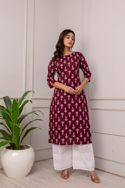 Women Burgundy Ethnic Printed Straight Kurta With Three Quarter Sleeves | LASVINI - Redefining Indian Fashion with Elegance