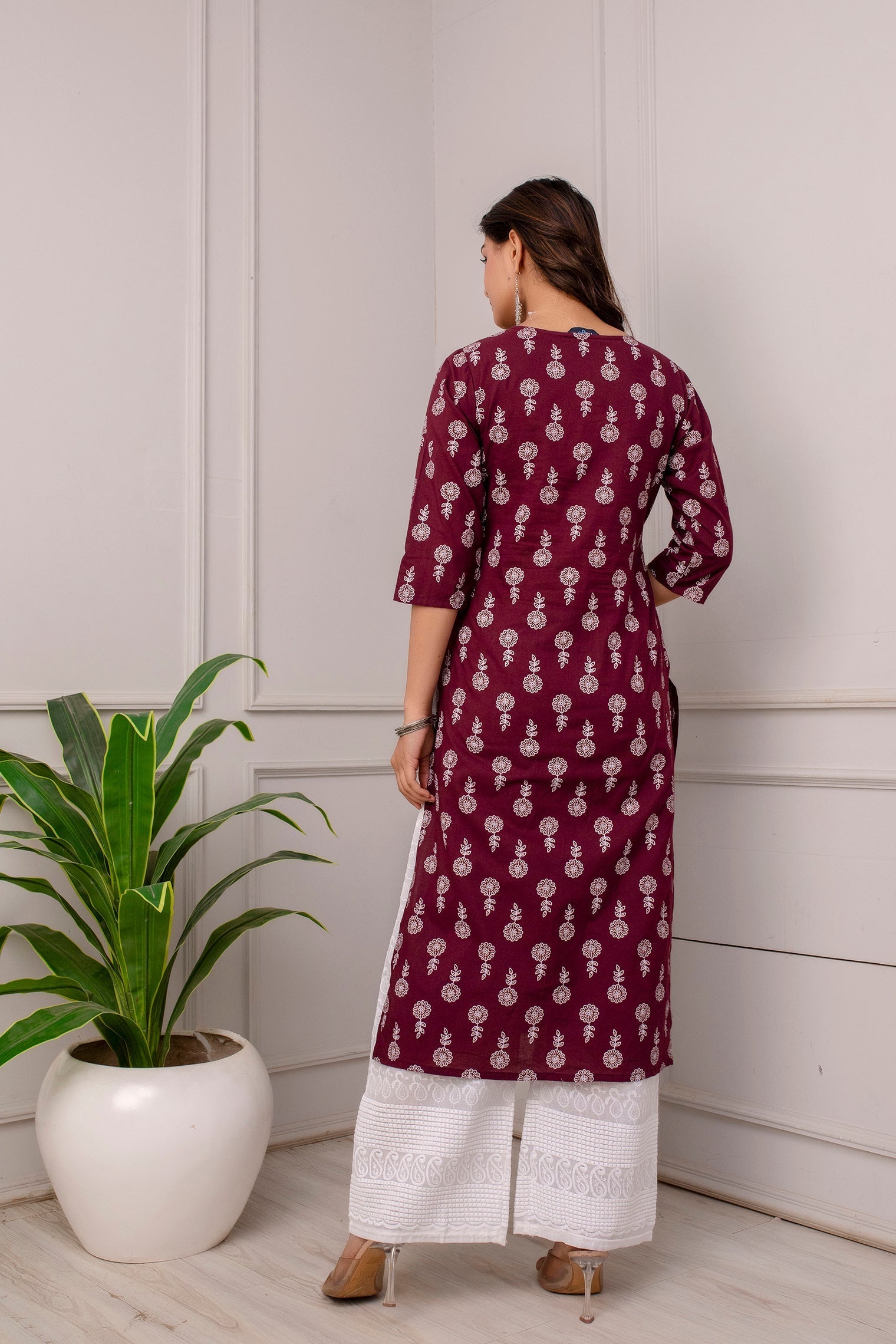 Women Burgundy Ethnic Printed Straight Kurta With Three Quarter Sleeves | LASVINI - Redefining Indian Fashion with Elegance