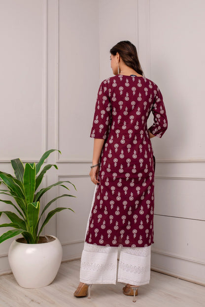 Women Burgundy Ethnic Printed Straight Kurta With Three Quarter Sleeves | LASVINI - Redefining Indian Fashion with Elegance