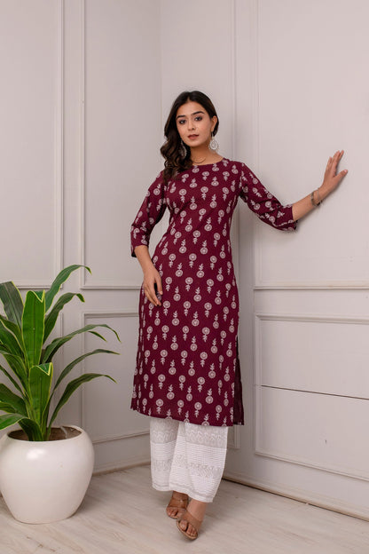 Women Burgundy Ethnic Printed Straight Kurta With Three Quarter Sleeves | LASVINI - Redefining Indian Fashion with Elegance