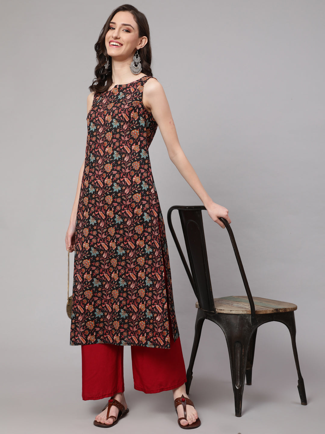 Women Multi Color Geometric Printed Sleeveless Straight Kurta | LASVINI - Redefining Indian Fashion with Elegance