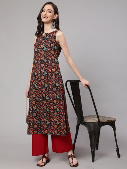 Women Multi Color Geometric Printed Sleeveless Straight Kurta | LASVINI - Redefining Indian Fashion with Elegance