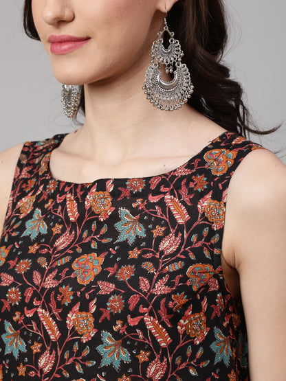 Women Multi Color Geometric Printed Sleeveless Straight Kurta | LASVINI - Redefining Indian Fashion with Elegance