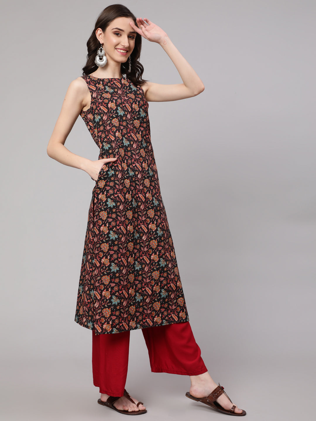 Women Multi Color Geometric Printed Sleeveless Straight Kurta | LASVINI - Redefining Indian Fashion with Elegance