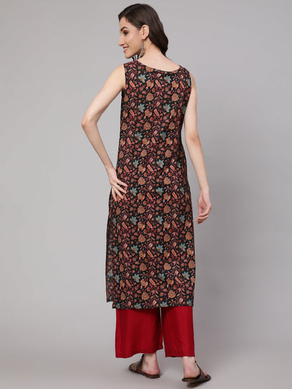 Women Multi Color Geometric Printed Sleeveless Straight Kurta | LASVINI - Redefining Indian Fashion with Elegance