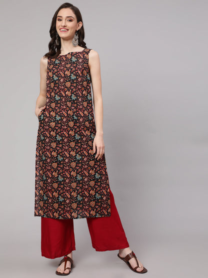 Women Multi Color Geometric Printed Sleeveless Straight Kurta | LASVINI - Redefining Indian Fashion with Elegance