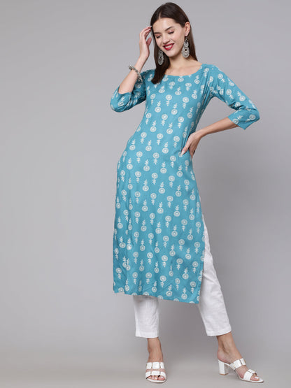 Women Blue Ethnic Printed Straight Kurta With Three Quarter Sleeves | LASVINI - Redefining Indian Fashion with Elegance
