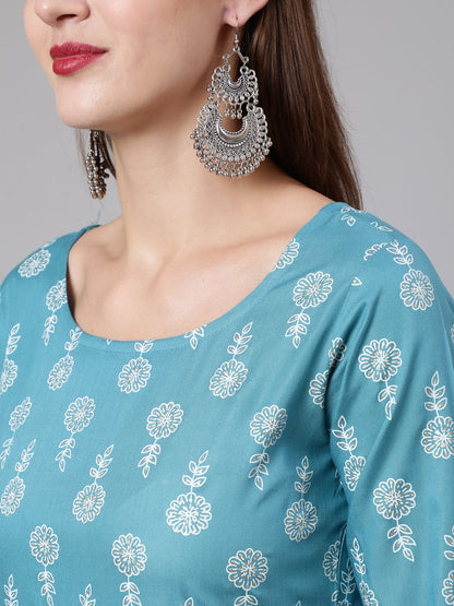 Women Blue Ethnic Printed Straight Kurta With Three Quarter Sleeves | LASVINI - Redefining Indian Fashion with Elegance