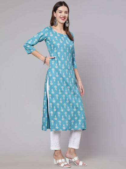 Women Blue Ethnic Printed Straight Kurta With Three Quarter Sleeves | LASVINI - Redefining Indian Fashion with Elegance