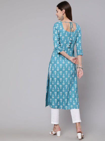 Women Blue Ethnic Printed Straight Kurta With Three Quarter Sleeves | LASVINI - Redefining Indian Fashion with Elegance