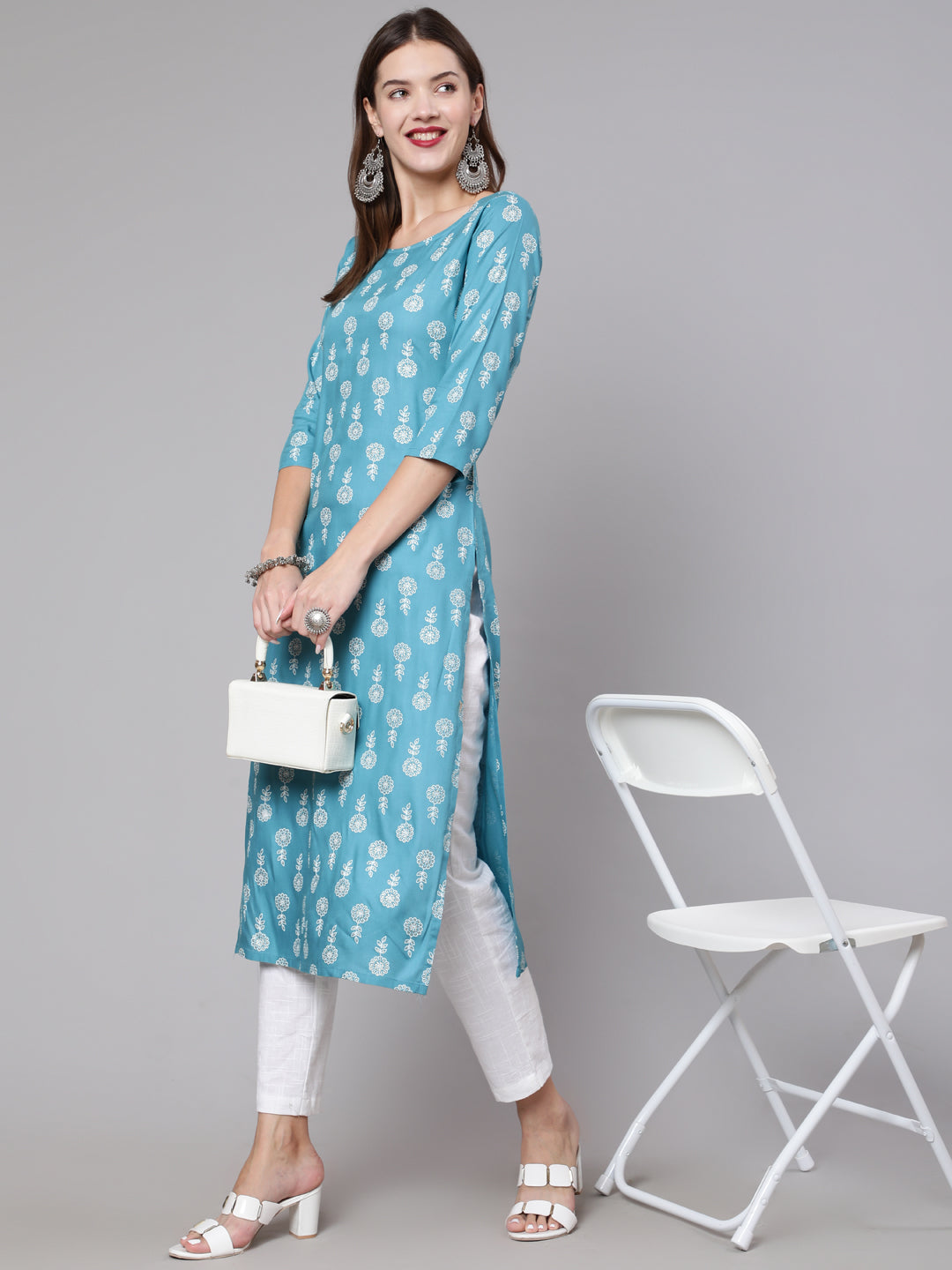 Women Blue Ethnic Printed Straight Kurta With Three Quarter Sleeves | LASVINI - Redefining Indian Fashion with Elegance