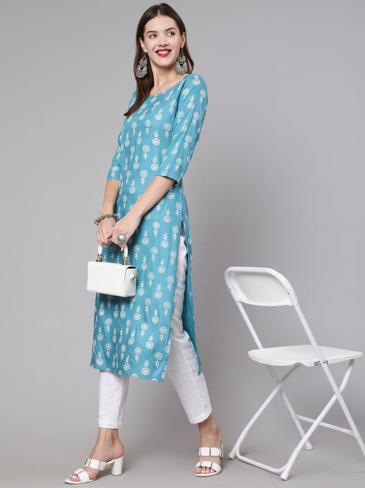 Women Blue Ethnic Printed Straight Kurta With Three Quarter Sleeves | LASVINI - Redefining Indian Fashion with Elegance
