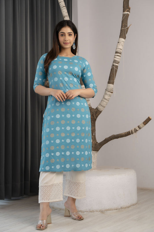 Women Blue Ethnic Printed Straight Kurta With Three Quarter Sleeves | LASVINI - Redefining Indian Fashion with Elegance