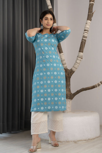 Women Blue Ethnic Printed Straight Kurta With Three Quarter Sleeves | LASVINI - Redefining Indian Fashion with Elegance
