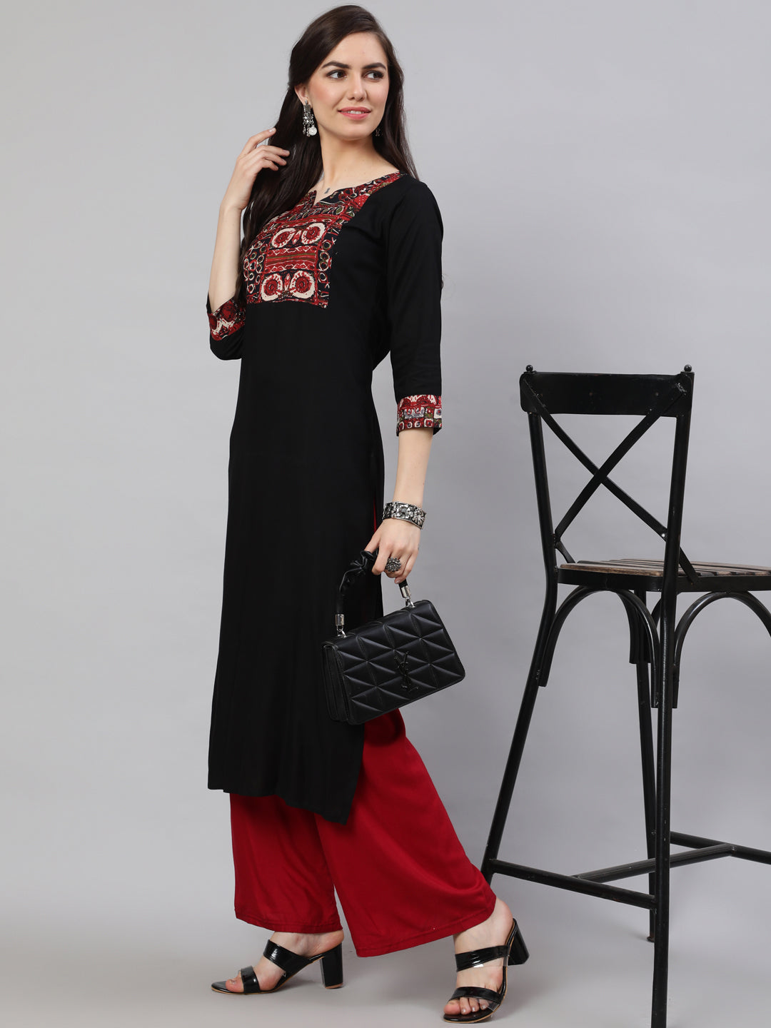 Women Black Printed Yoke Straight Kurta With Three Quarter Sleeves | LASVINI - Redefining Indian Fashion with Elegance