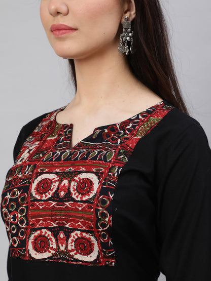 Women Black Printed Yoke Straight Kurta With Three Quarter Sleeves | LASVINI - Redefining Indian Fashion with Elegance