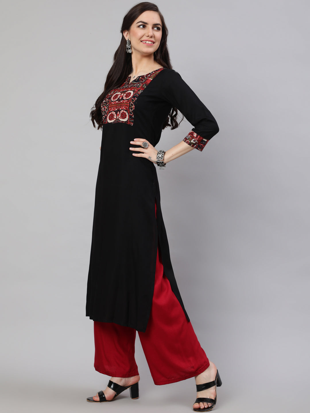 Women Black Printed Yoke Straight Kurta With Three Quarter Sleeves | LASVINI - Redefining Indian Fashion with Elegance