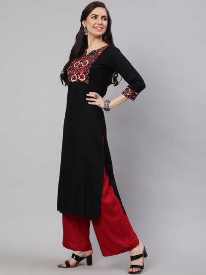 Women Black Printed Yoke Straight Kurta With Three Quarter Sleeves | LASVINI - Redefining Indian Fashion with Elegance