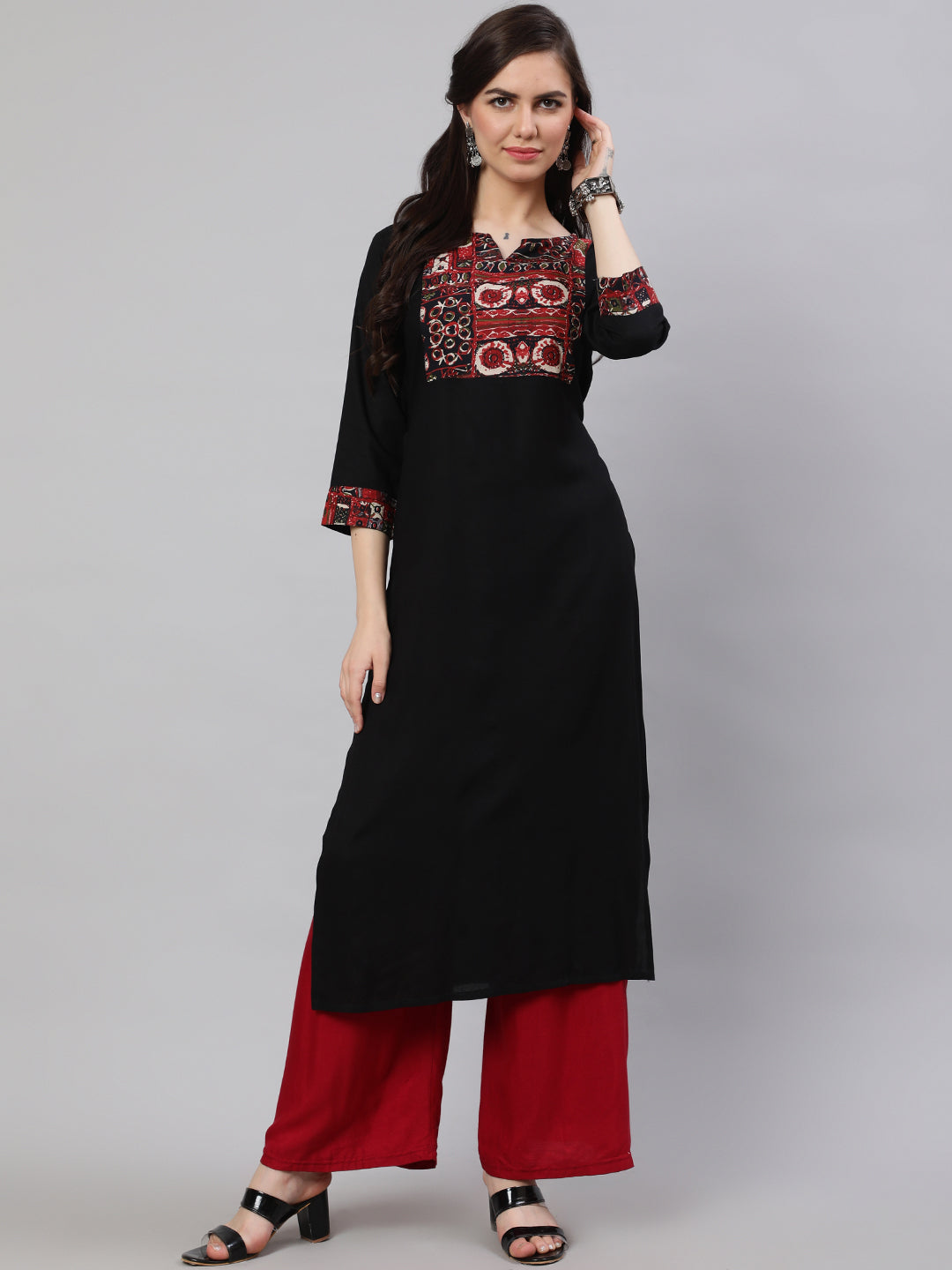 Women Black Printed Yoke Straight Kurta With Three Quarter Sleeves | LASVINI - Redefining Indian Fashion with Elegance