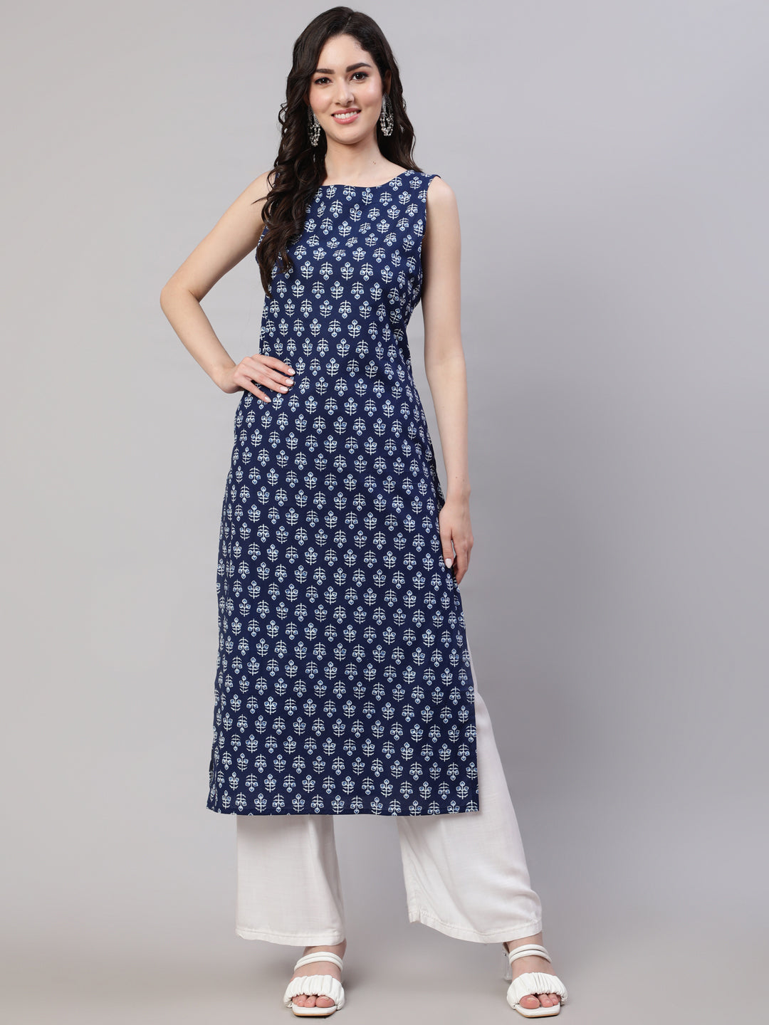 Women Blue Ethnic Straight Sleeveless Kurta | LASVINI - Redefining Indian Fashion with Elegance