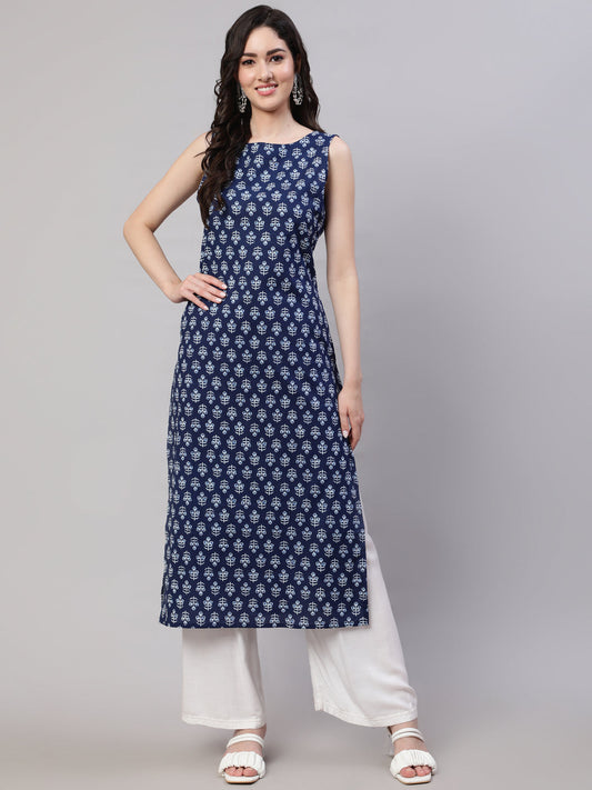 Women Blue Ethnic Straight Sleeveless Kurta | LASVINI - Redefining Indian Fashion with Elegance