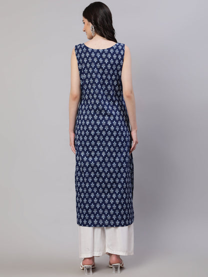 Women Blue Ethnic Straight Sleeveless Kurta | LASVINI - Redefining Indian Fashion with Elegance