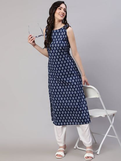 Women Blue Ethnic Straight Sleeveless Kurta | LASVINI - Redefining Indian Fashion with Elegance