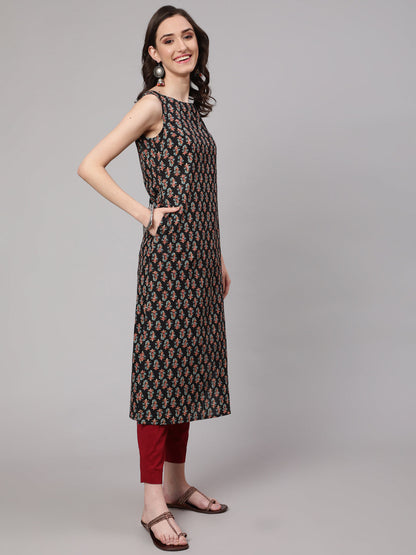 Women Black Printed Straight Sleeveless Kurta | LASVINI - Redefining Indian Fashion with Elegance