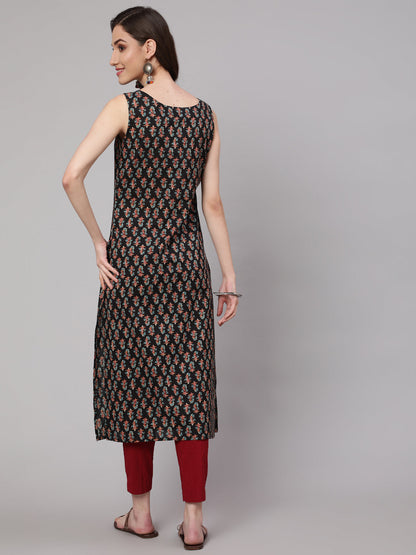 Women Black Printed Straight Sleeveless Kurta | LASVINI - Redefining Indian Fashion with Elegance