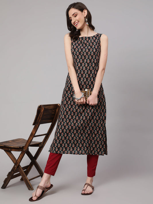 Women Black Printed Straight Sleeveless Kurta | LASVINI - Redefining Indian Fashion with Elegance