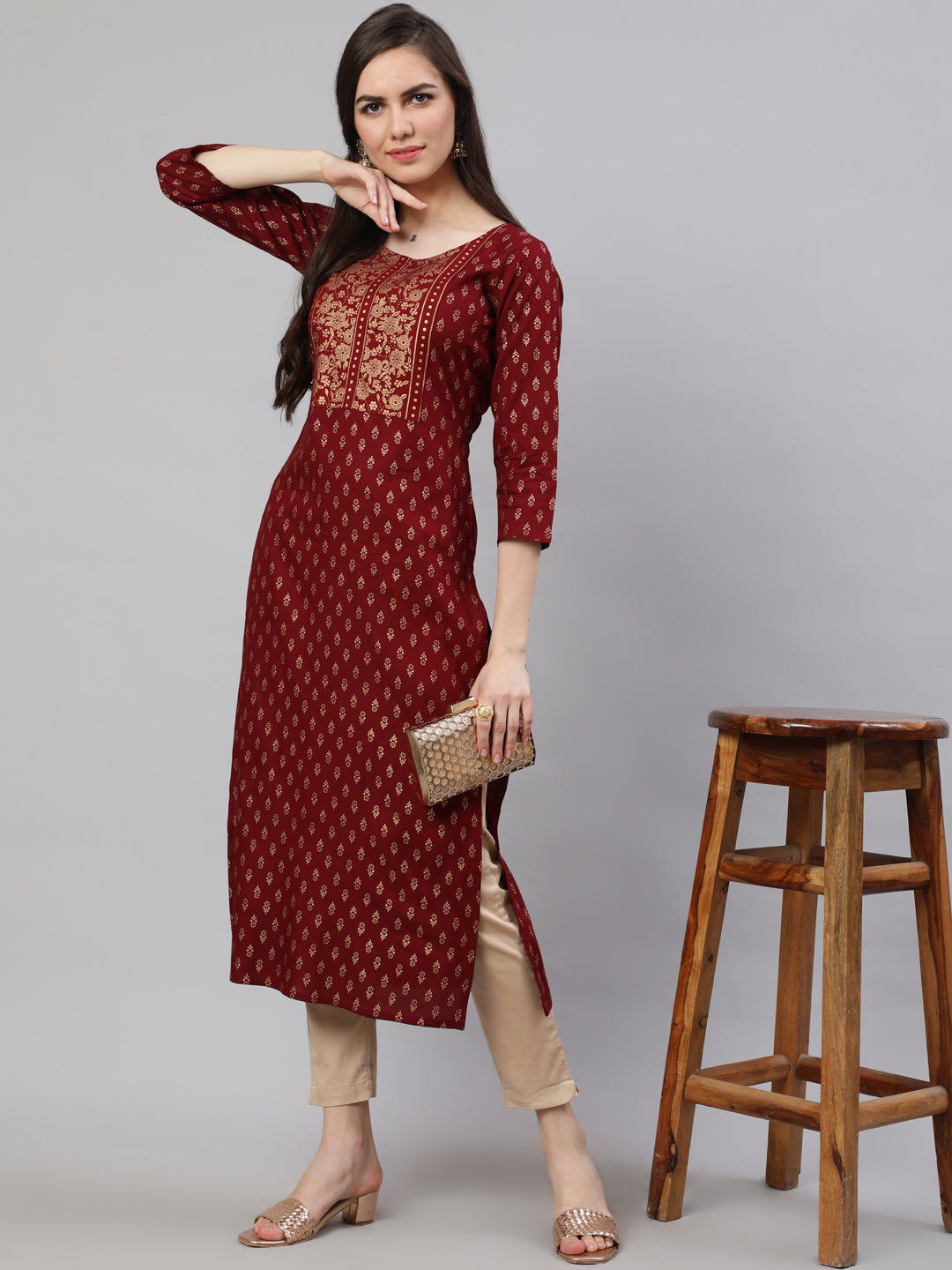Women Maroon Printed Straight Kurta With Three Quarter Sleeves | LASVINI - Redefining Indian Fashion with Elegance