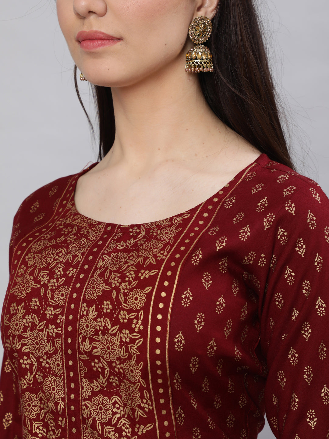 Women Maroon Printed Straight Kurta With Three Quarter Sleeves | LASVINI - Redefining Indian Fashion with Elegance