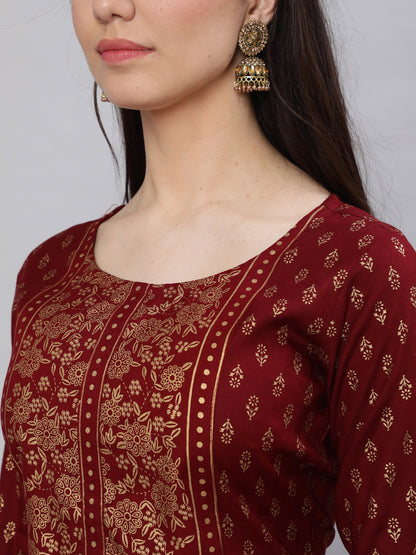 Women Maroon Printed Straight Kurta With Three Quarter Sleeves | LASVINI - Redefining Indian Fashion with Elegance