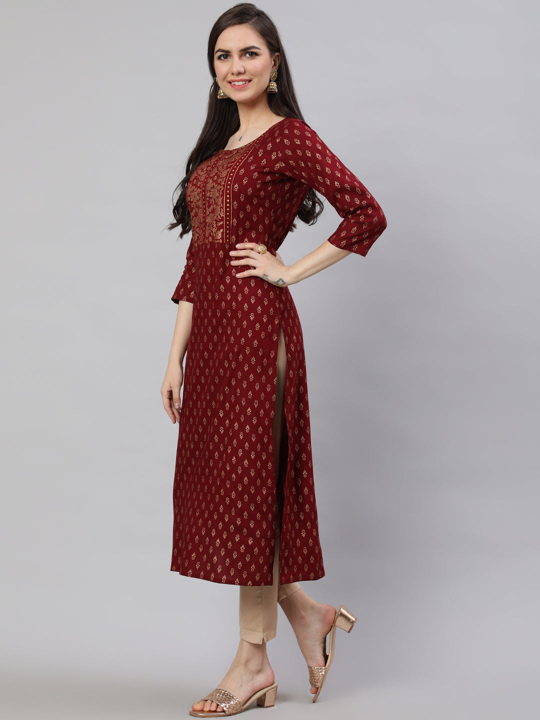 Women Maroon Printed Straight Kurta With Three Quarter Sleeves | LASVINI - Redefining Indian Fashion with Elegance