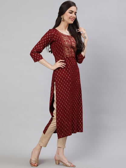Women Maroon Printed Straight Kurta With Three Quarter Sleeves | LASVINI - Redefining Indian Fashion with Elegance
